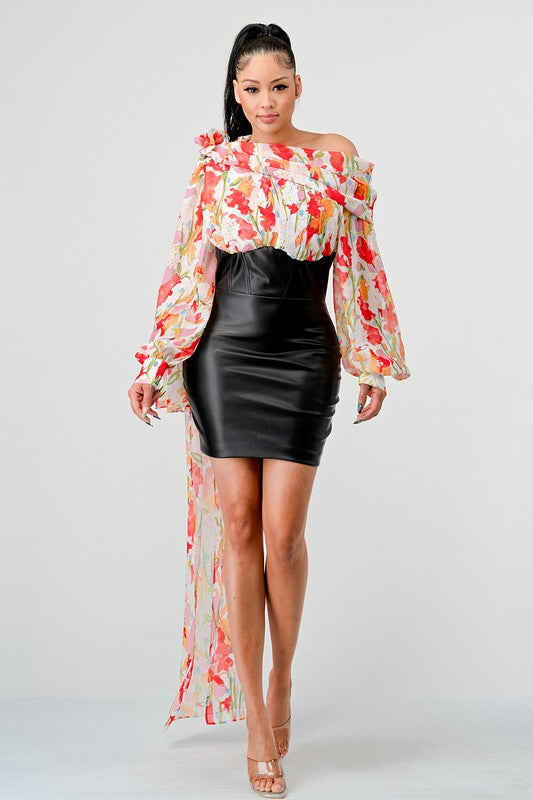 I am Grateful Floral Leather Mini Dress