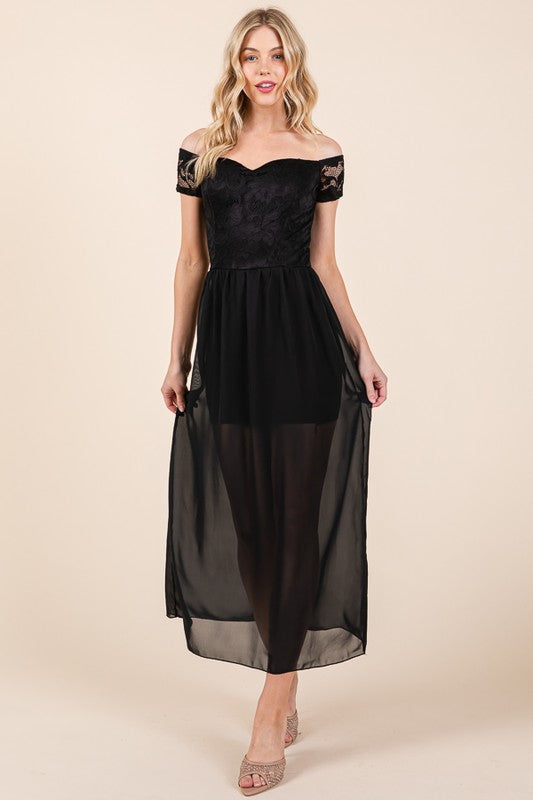 I am Fun Lace Off Shoulder Chiffon Dress